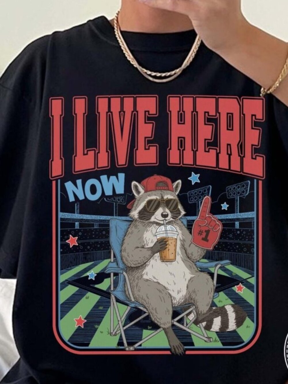 I Live Here Now Raccoon T-shirt, Iced Coffee Graphic Tee